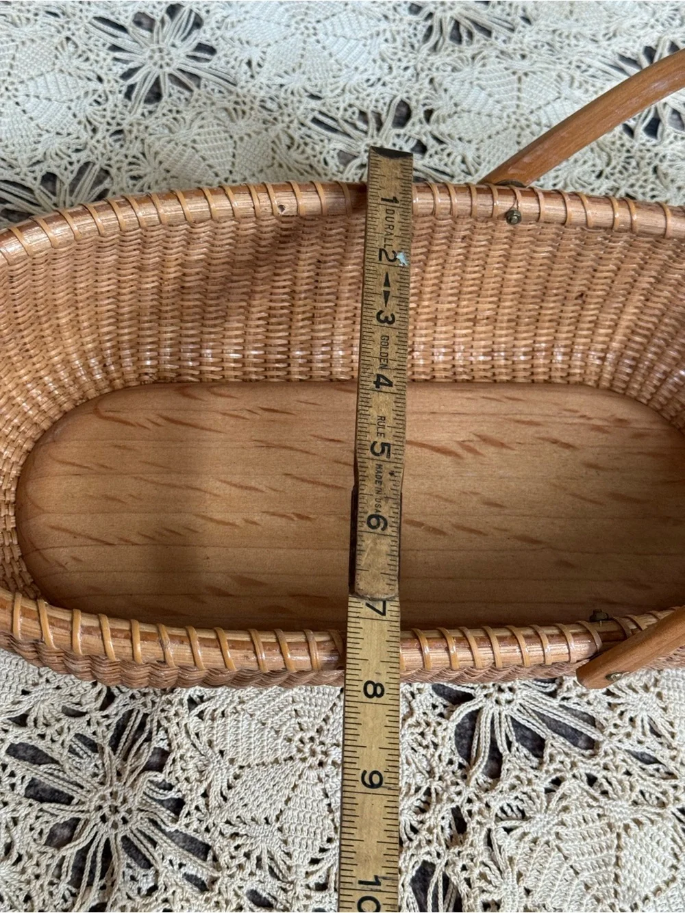 Vintage Woven Basket with Quilted Fabric Liner & Wood Handle Cottage Decor